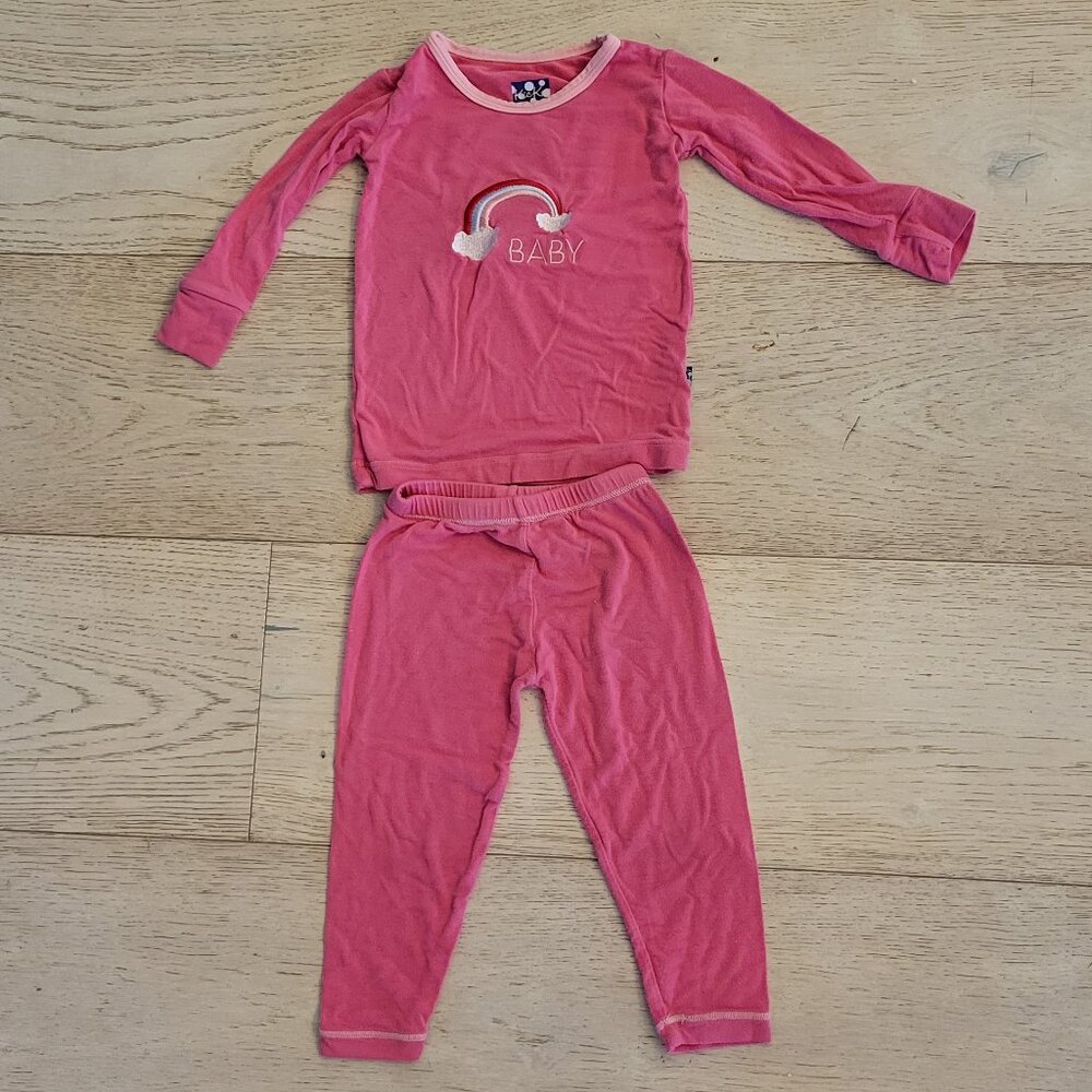 KICKEE PANTS girl 2 piec hot pink Baby rainbow embroidered pajama set 12 to 18 m
